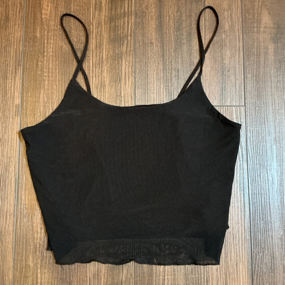 Brandy Melville Mesh Overlay Cami Crop Top Black Spaghetti Strap One Size Y2K